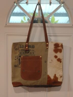MB Canvas and Leather Tote Bag with Cowhide Accent - Brown